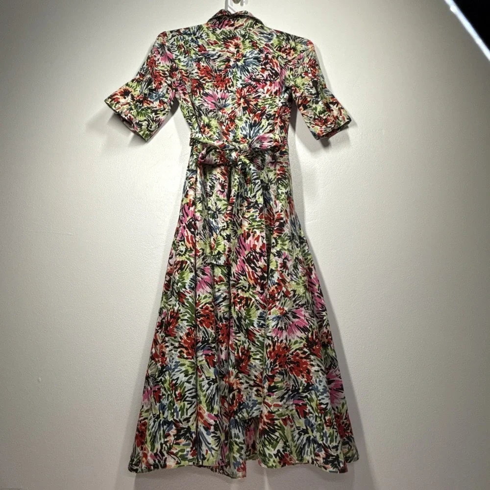 JG Hook Midi Dress Size 10 Linen Faux Wrap Multicolor Abstract Floral Belted - Picture 6 of 16